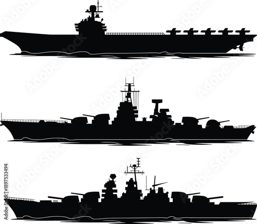Naval warship silhouette set, aircraft carrier and destroyer profiles, military fleet vector illustration isolated on white background sea defense collection