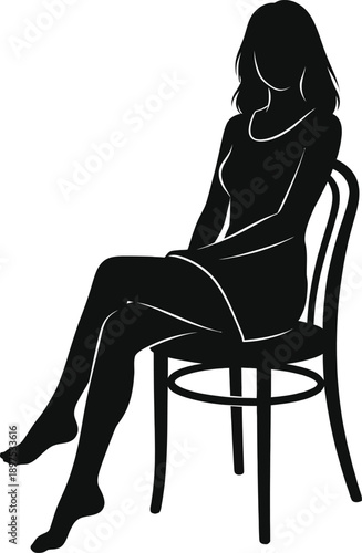 Silhouette woman sitting chair elegant fashion dress pose side view