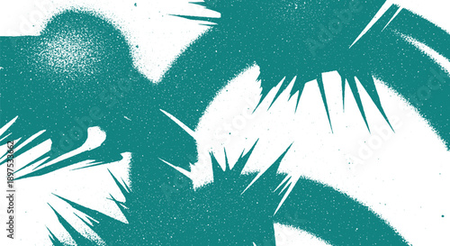 Abstract teal and white graphic design with sharp spiky shapes and textured elements.