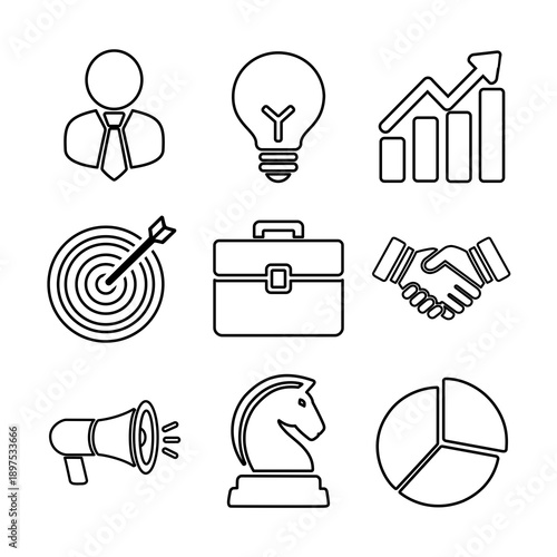 Set of 9 Minimalist Outline Vector Icons for Business and Marketing Strategy