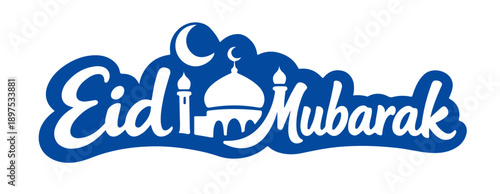 Eid Mubarak sticker logo badge with blue mosque silhouette and white script typography