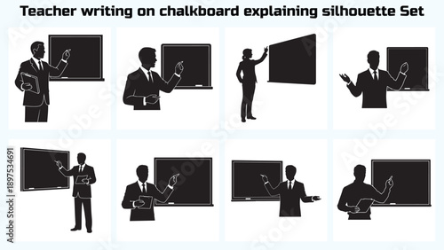 Teacher Silhouette Set Writing on Chalkboard for Education and Training