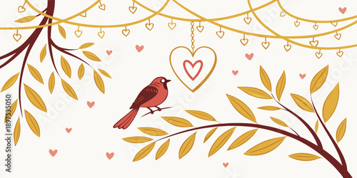 A charming bird on a branch with heart decorations, vector