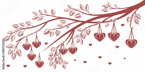 A decorative tree branch adorned with heart-shaped ornaments, vector