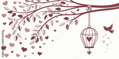 An elegant vector illustration of a romantic tree branch with hearts and a birdcage, vector
