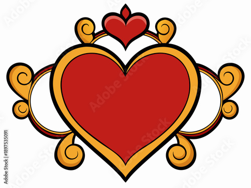 Ornate red heart emblem with golden accents, vector