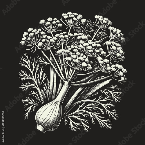 Detailed botanical illustration of dill plant with bulb and flowers.