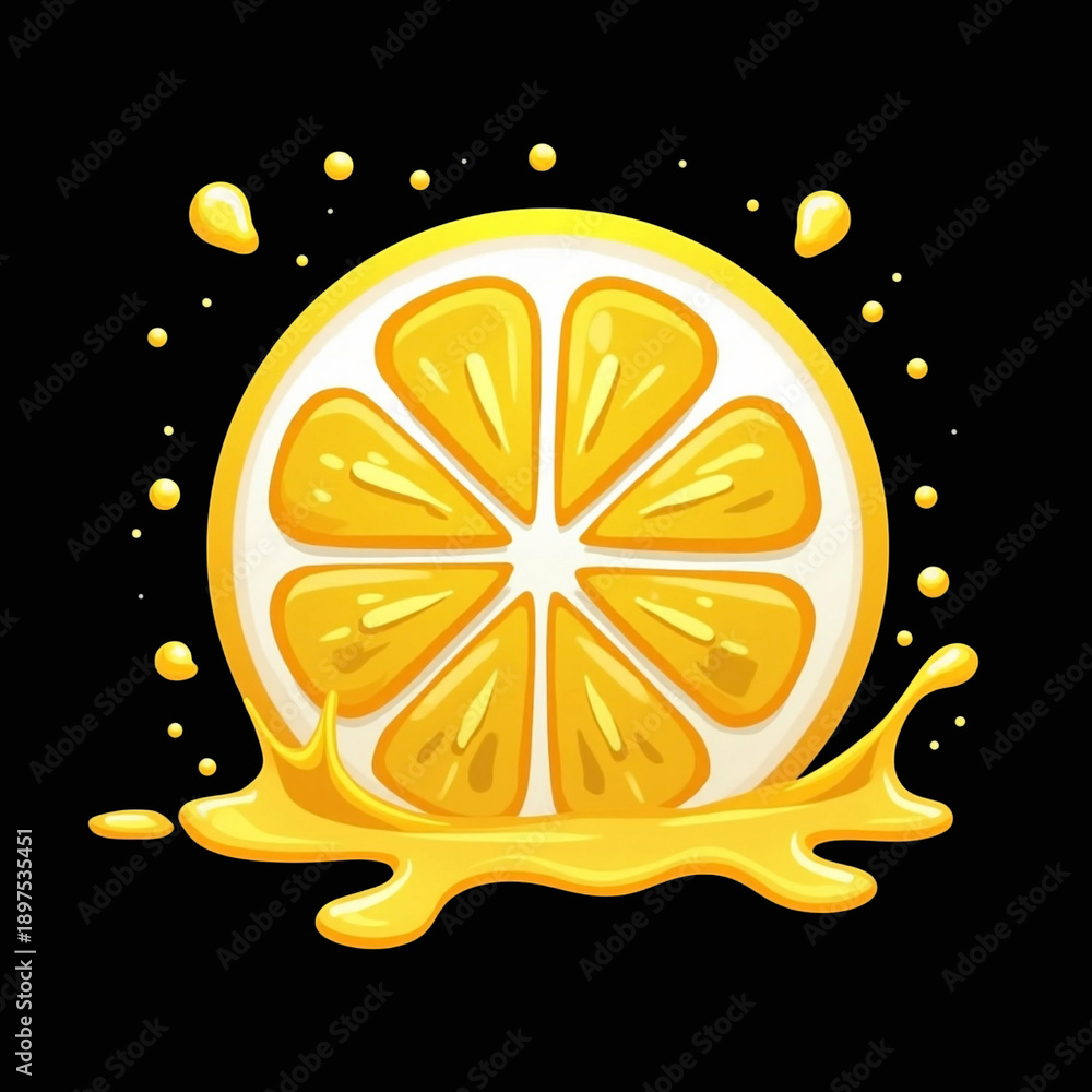 Fototapeta premium Design with sliced lemon, fruit juice splashes and drops isolated on black background. Fashionable print for paper, t-shirt, fruit juice, ice cream, mandarine yogurt, lemonade, food packaging. 