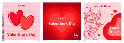 Valentine's day celebration  set of square greeting cards, flyer, poster, postcards, web, 14 February celebration background, template, cupid and hearts,  creative vector illustration
