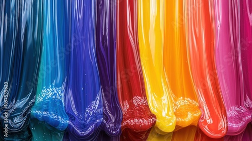 Laser wavelength splitting demonstrated through vibrant spectrum dispersion showing vertical paint streams in rainbow sequence from cyan through violet red yellow orange pink