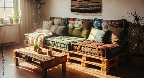 Rustic living room with pallet wood sofa
and cushions made from recycled fabric, warm sunlight, cozy eco home