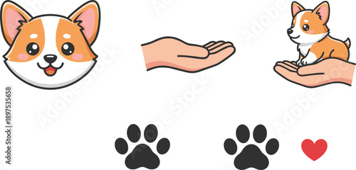 Cute Dog Character Set with Paw Prints and Hand Holding Puppy, Cartoon Pet Flat Vector Illustration Collection