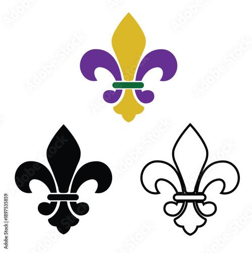 Mardi Gras Fleur de Lis Vector Set in Traditional Purple Gold and Green