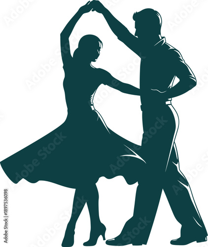 Silhouette of a couple dancing ballroom waltz with flowing dress and elegant pose vector illustration