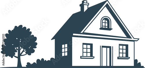Minimalist house silhouette illustration with a tree and garden, representing residential real estate, home sweet home, property insurance, and suburban family living icons