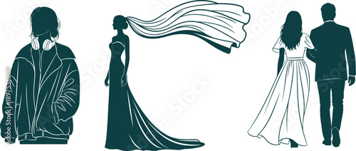Silhouettes of People: Person with Headphones, Bride with Flowing Veil, Couple Walking Keywords: silhouette, person, headphones