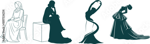 Silhouettes and Line Art of Women in Elegant Dresses and Hijab woman fashion