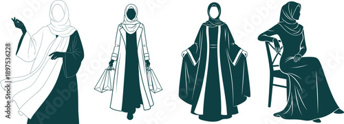 Silhouettes Of Women In Hijabs And Modest Fashion With Shopping Bags woman