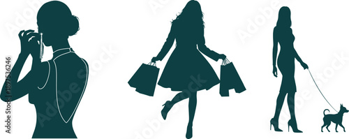 Silhouettes of Women Engaged in Fashionable Activities and Pet Walking woman style