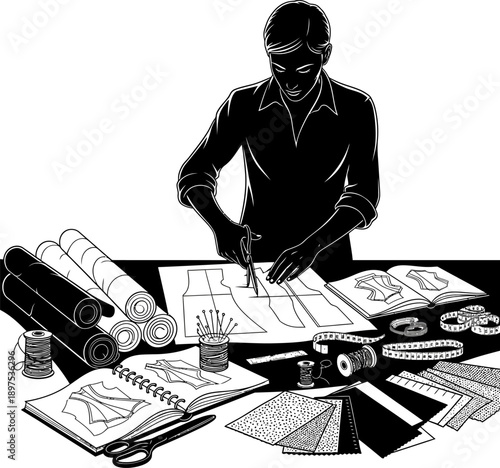 Tailor cutting fabric patterns with sewing supplies on a table fashion design