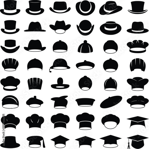 A collection of black silhouette icons of various types of hats and caps.