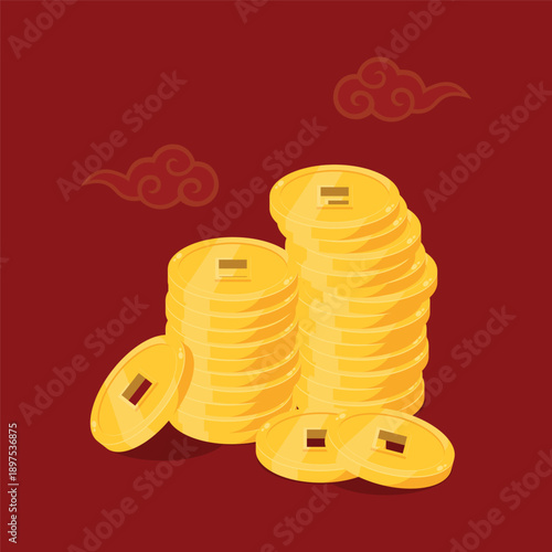Chinese Gold Coins Stack Illustration for Wealth, Prosperity, and Lunar New Year