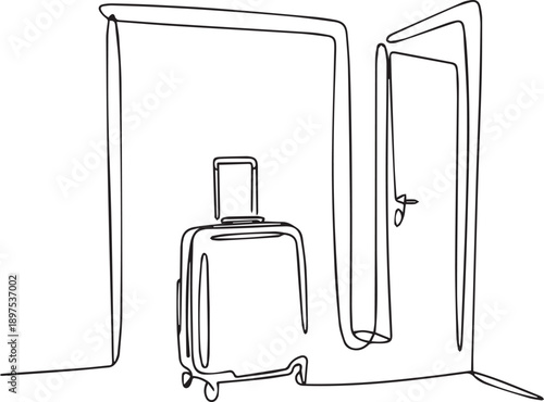 A lone suitcase stands alone in a simple room with an open door