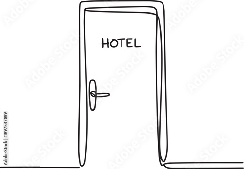 Simple line drawing of a hotel door with a handle viewed from the front in a minimalist style