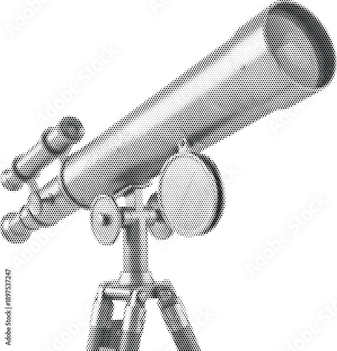 telescope optics halftone vintage retro illustration black and white dotted pattern vector graphic isolated monochrome pop art engraving science astronomy technology exploration