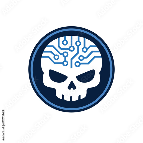 Cyber Skull Circuit Board Icon. Digital Hacker Mascot for Malware, Ransomware, and Darkweb Threats. Vector Cybersecurity  Warning Symbol for Virus and Data Breach Concepts.