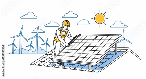 Solar worker repairs solar panel beside wind turbines under sunny sky, line drawing view from left
