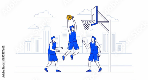 Dynamic Basketball Dunk Action with Three Players Over a City Skyline in a White Graphic