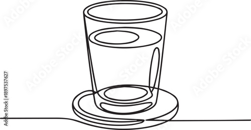 A glass of water on a saucer and spoon on a flat surface viewed from the side in a simple illustration