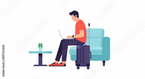 Man Working on Laptop While Traveling, Seated on Blue Couch with Suitcase and Plant on Table—Illustrated Remote Work Scene