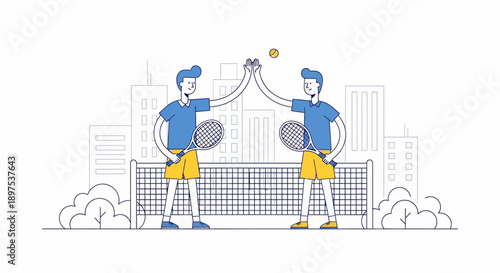 Friendly Pickleball Duel Between Two Men with Net Interaction in Urban Cityscape – Animated Illustration of Sportsmanship