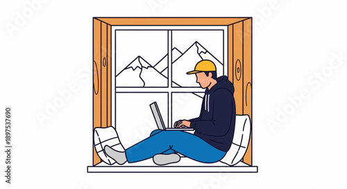 Man typing on laptop by window sill overlooking mountains, wearing hard hat and hoodie in a relaxed cartoon scene.