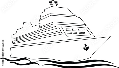 Cruise ship sailing gracefully on stylized waves, a bold black and white vector illustration