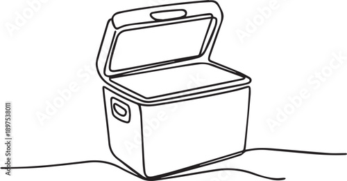 Continuous line drawing of a cooler box with the lid open on a table