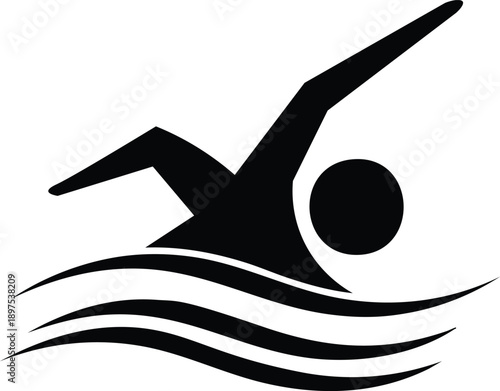 Black silhouette of a swimmer with waves on a white background swimming sport recreation