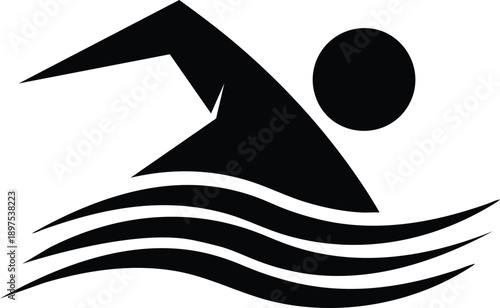 Black Silhouette of Swimmer and Waves on White Background