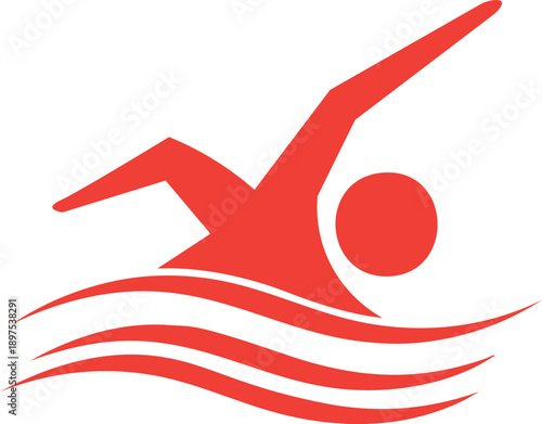 Red silhouette of a swimmer with waves on a white background swimming sport recreation