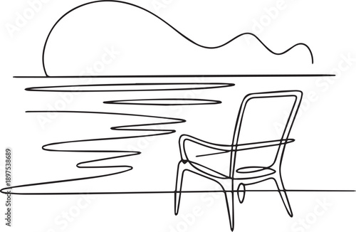 A lone chair sits by the serene lake, illustrating peacefulness and calmness in a simple line drawing from a side viewpoint.