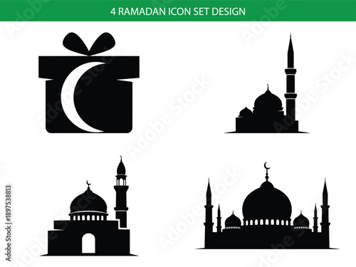 Ramadan icon set, 4 elements, black silhouettes