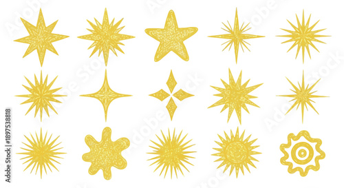 Yellow Doodle Stars and Sparkle Icons Set. Hand-drawn Celestial Elements for Festive Decoration, Review Ratings, and Graphic Design Assets.
