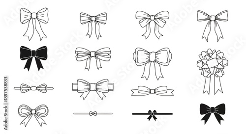 Decorative Gift Bows Vector Icon Set: Outline and Silhouette Ribbons for Wrapping, Holiday Cards, and Elegant Packaging Design.