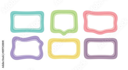 Six Cute Pastel Cartoon Frames Collection Acting as Decorative Wavy Borders and Name Tags for Kids' Design, Scrapbooking, and Sweet Branding Assets.