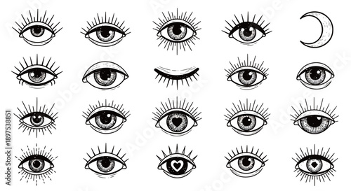 Hand-Drawn All-Seeing Eye and Evil Eye Vector Set: Spiritual Symbols for Bohemian Decor, Wellness Logos, and Mystic Printing.