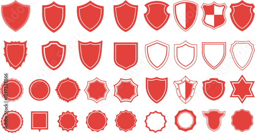 Collection of red and white shield logos emblems and badges for security protection and identity