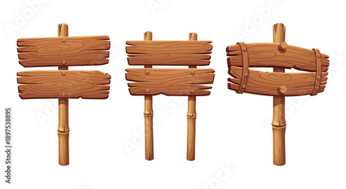 Vector Rustic Wooden Signs Set on Bamboo Posts for Game UI Design and Adventure Theme Marketing Materials