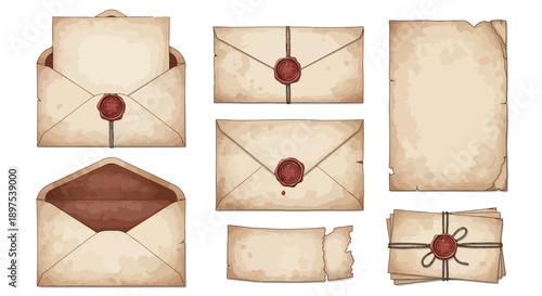 Vintage Parchment Paper and Sealed Envelopes Vector Set. Antique Letter Documents with Red Wax Seal for Historical or Mystery Graphic Assets.